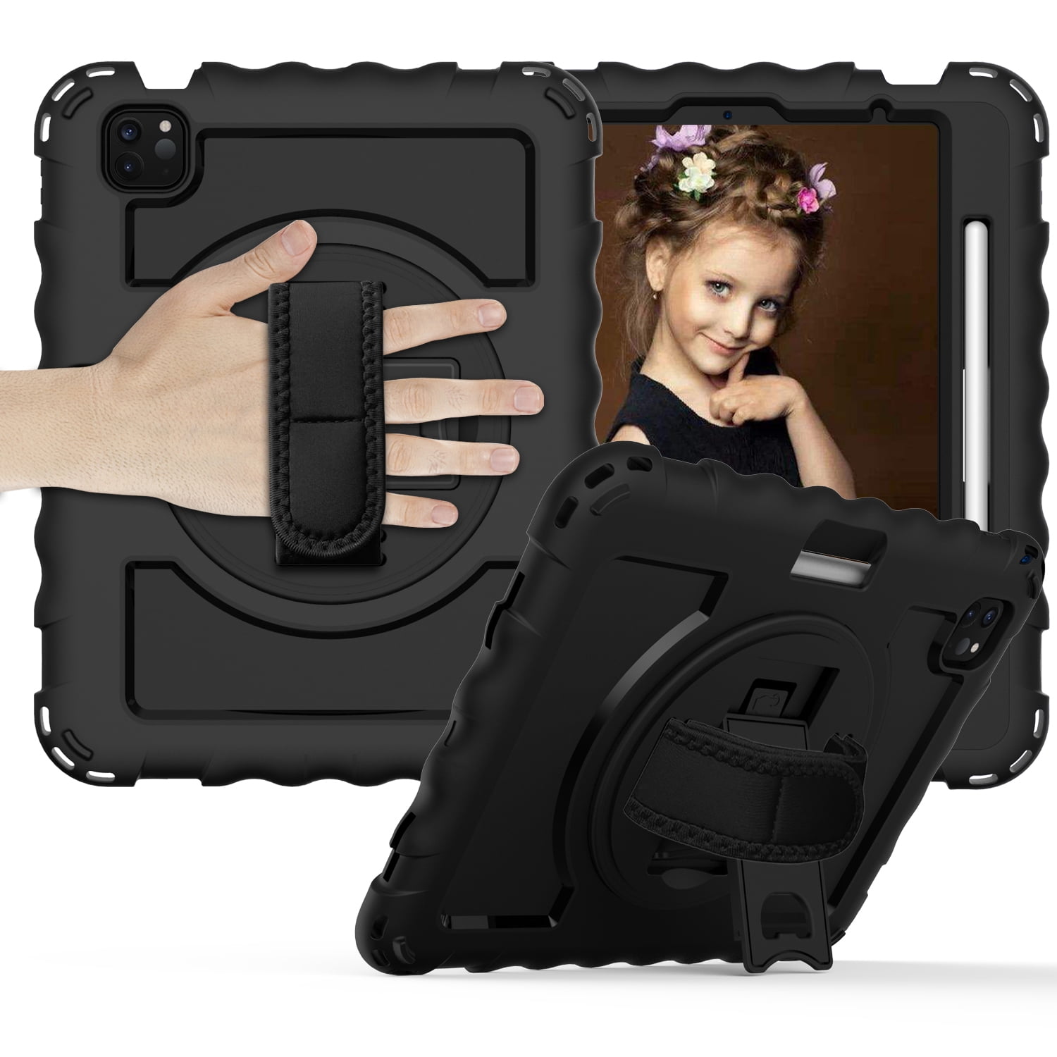 Allytech iPad Air 5 4 10.9 Case 2022/2020, Heavy Duty Shockproof Kids Case with Pencil Holder Hand Strap Kickstand Shoulder Strap for Apple iPad Air 5th 4th Generation 10.9 Inch -Black