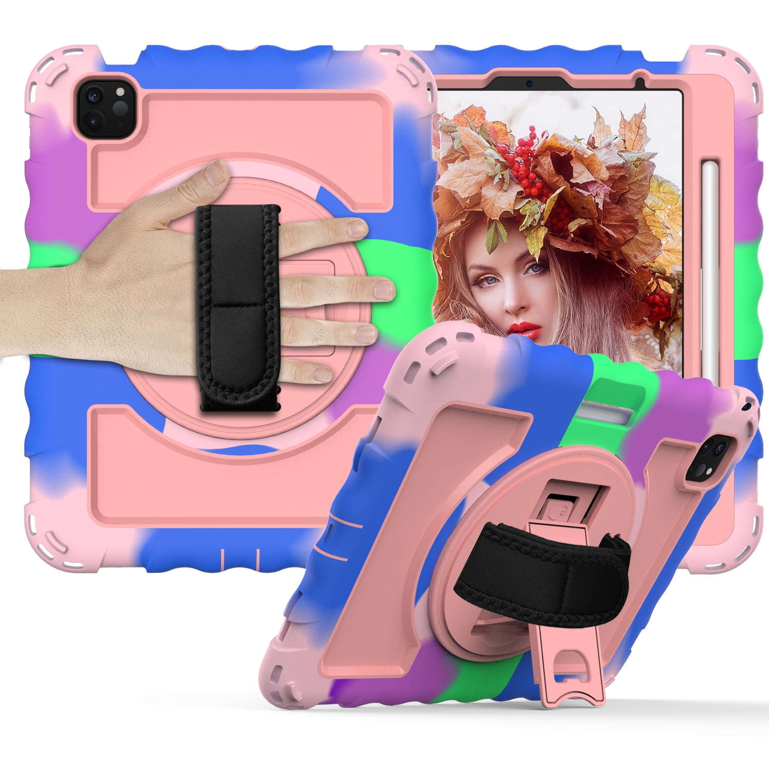 Allytech iPad Air 5 4 10.9 Case 2022/2020, Heavy Duty Shockproof Kids Case with Pencil Holder Hand Strap Kickstand Shoulder Strap for Apple iPad Air 5th 4th Generation 10.9 Inch -Rainbow/Rosegold