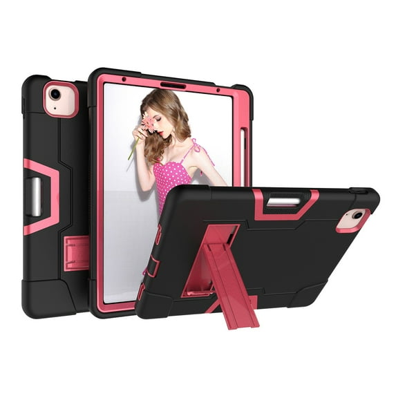 Allytech iPad Air 5 Case 2022, iPad Air 4 Case 2020, Heavy Duty Protection Shockproof Build In Kickstand Pencil Holder Kids Friendly Case for Apple iPad Air 5th 4th Generation, BlackBlack/Rose