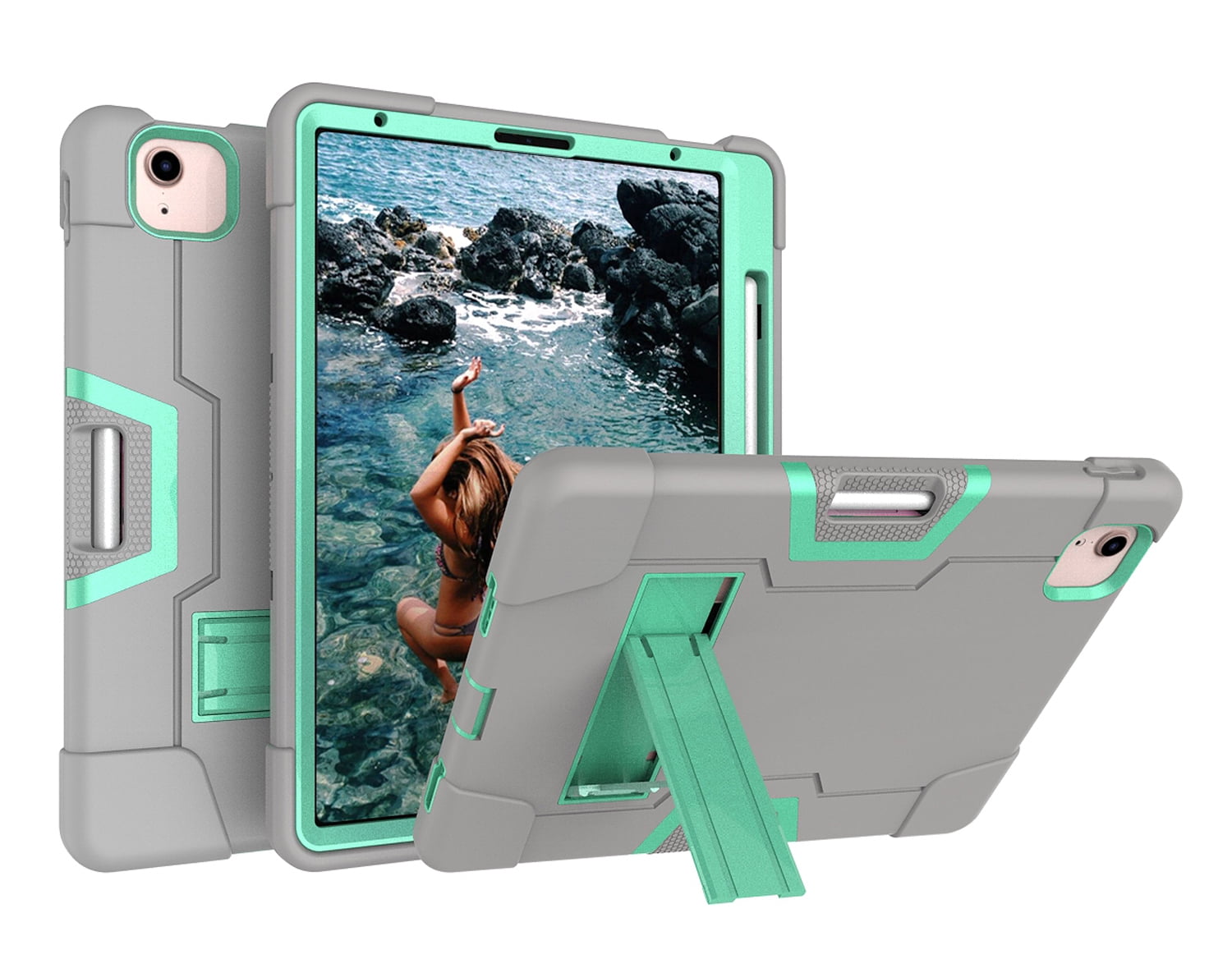 Allytech iPad Air 5 Case 2022, iPad Air 4 Case 2020, Heavy Duty Protection Shockproof Build In Kickstand Pencil Holder Kids Friendly Case for Apple iPad Air 5th 4th Generation, BlackGray/Aqua