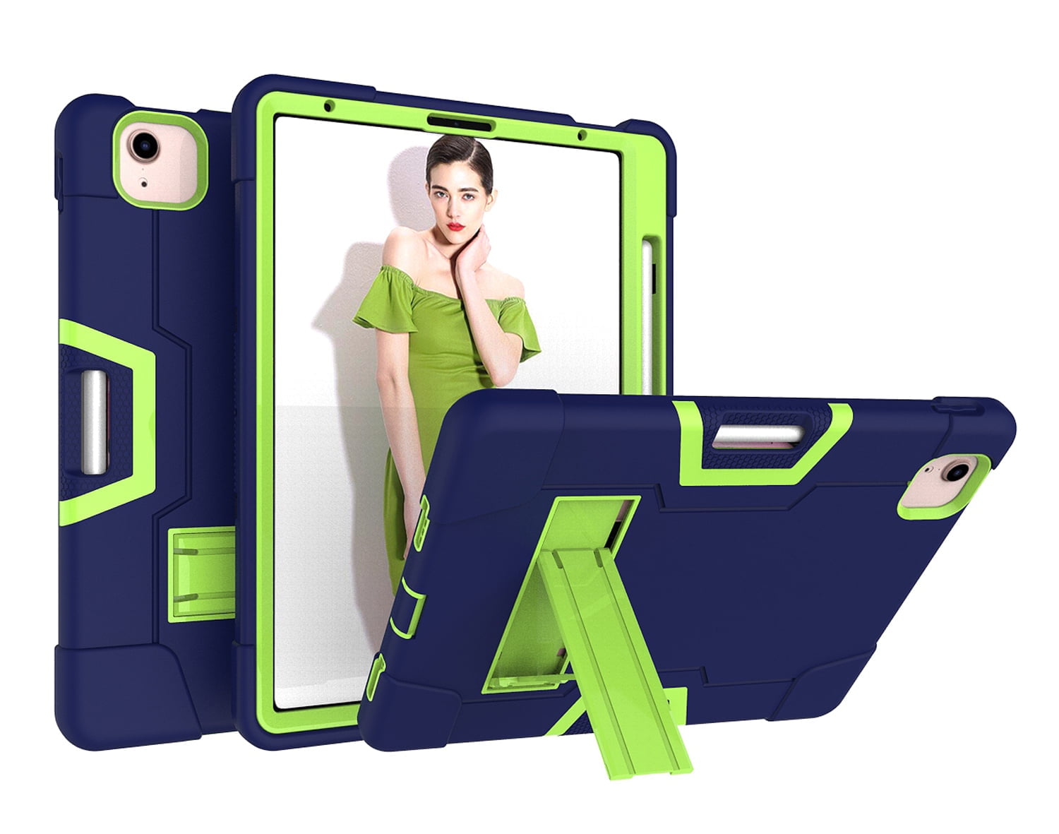 Allytech iPad Air 5 Case 2022, iPad Air 4 Case 2020, Heavy Duty Protection Shockproof Build In Kickstand Pencil Holder Kids Friendly Case for Apple iPad Air 5th 4th Generation, BlackNavyblue/Olivine