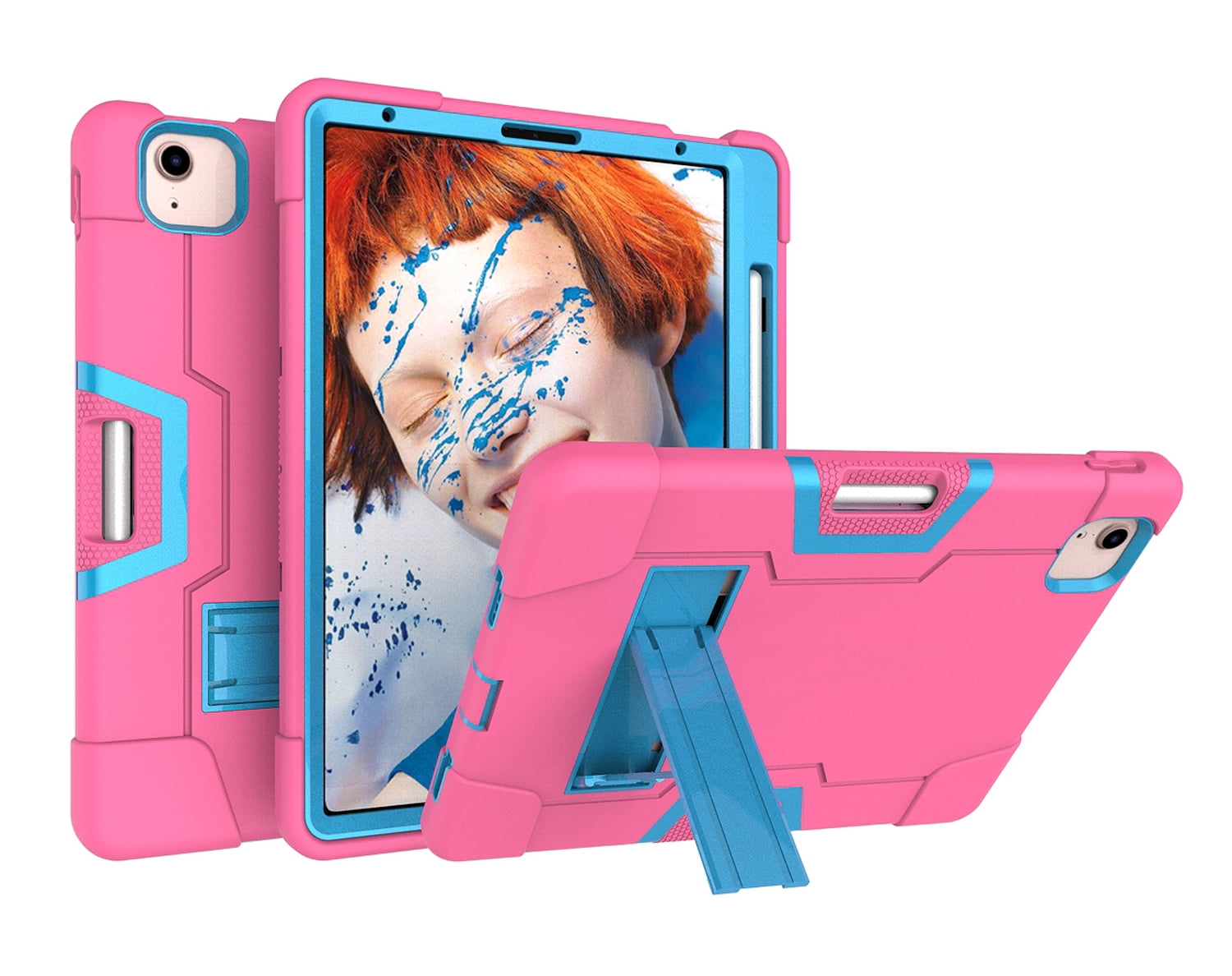 Allytech iPad Air 5 Case 2022, iPad Air 4 Case 2020, Heavy Duty Protection Shockproof Build In Kickstand Pencil Holder Kids Friendly Case for Apple iPad Air 5th 4th Generation, BlackRose/Blue