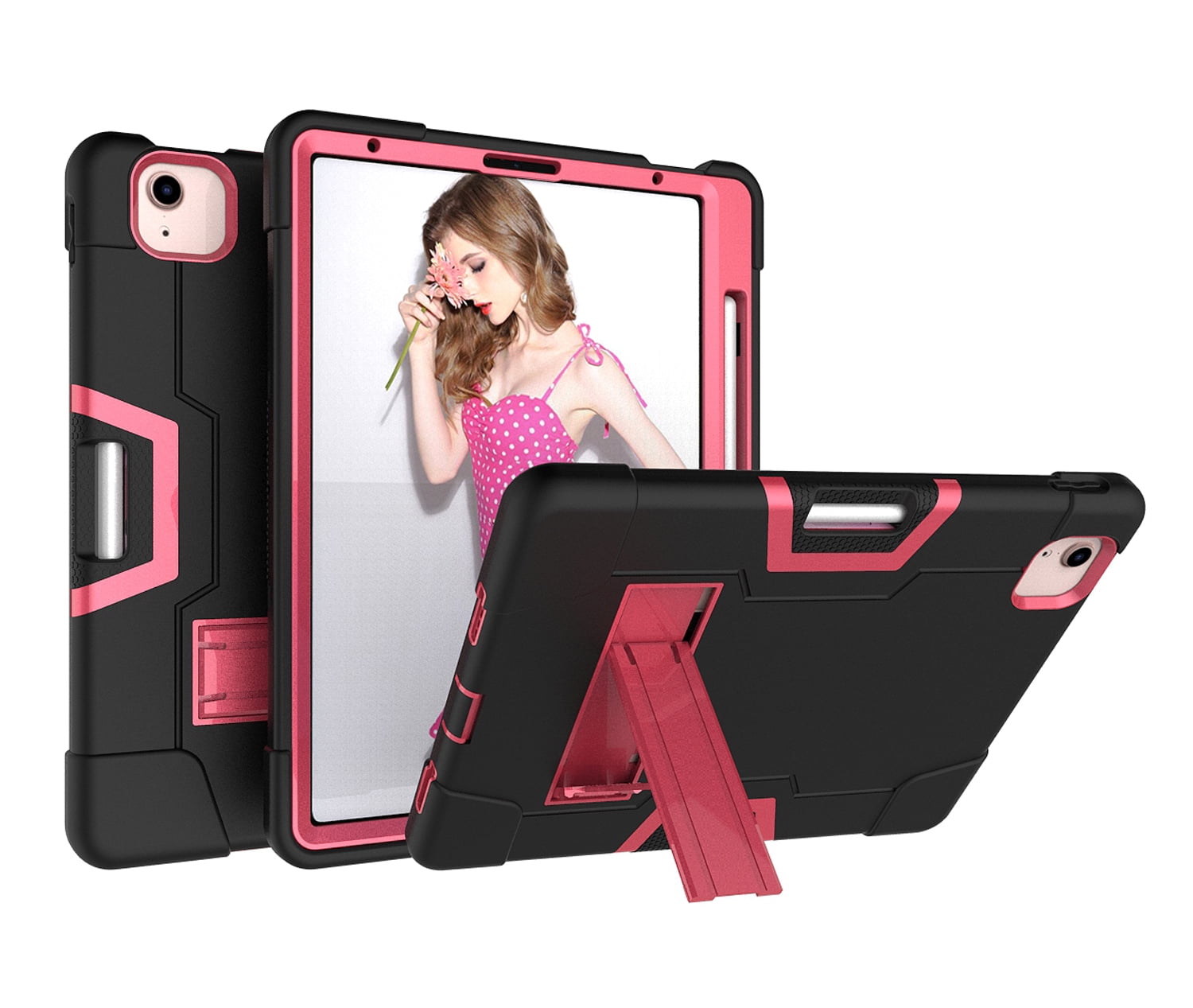 Allytech iPad Air 5 Case 2022, iPad Air 4 Case 2020, Heavy Duty Protection Shockproof Build In Kickstand Pencil Holder Kids Friendly Case for Apple iPad Air 5th 4th Generation, BlackBlack/Rose