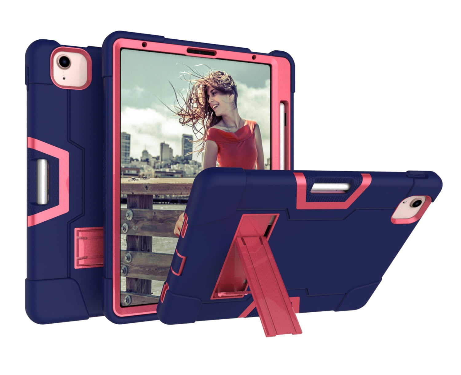 Allytech iPad Air 5 Case 2022, iPad Air 4 Case 2020, Heavy Duty Protection Shockproof Build In Kickstand Pencil Holder Kids Friendly Case for Apple iPad Air 5th 4th Generation, BlackNavyblue/Rose