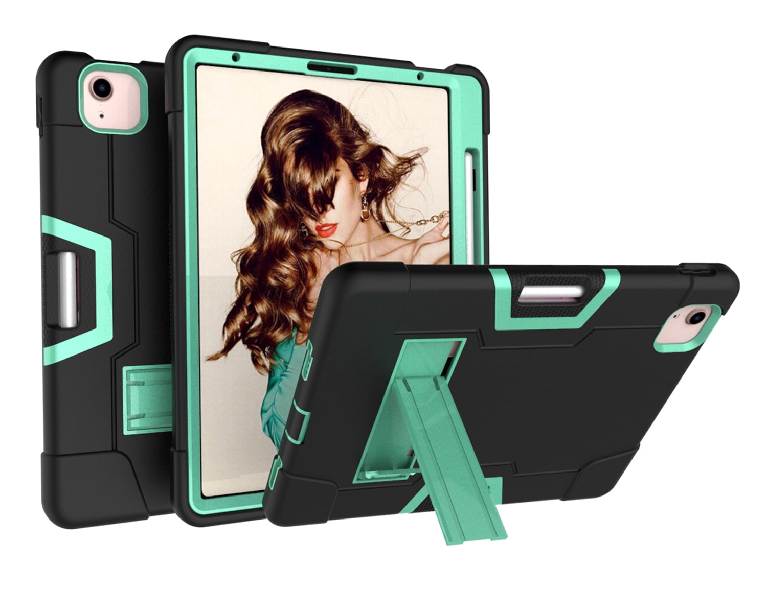 Allytech iPad Air 5 Case 2022, iPad Air 4 Case 2020, Heavy Duty Protection Shockproof Build In Kickstand Pencil Holder Kids Friendly Case for Apple iPad Air 5th 4th Generation, BlackBlack/Aqua