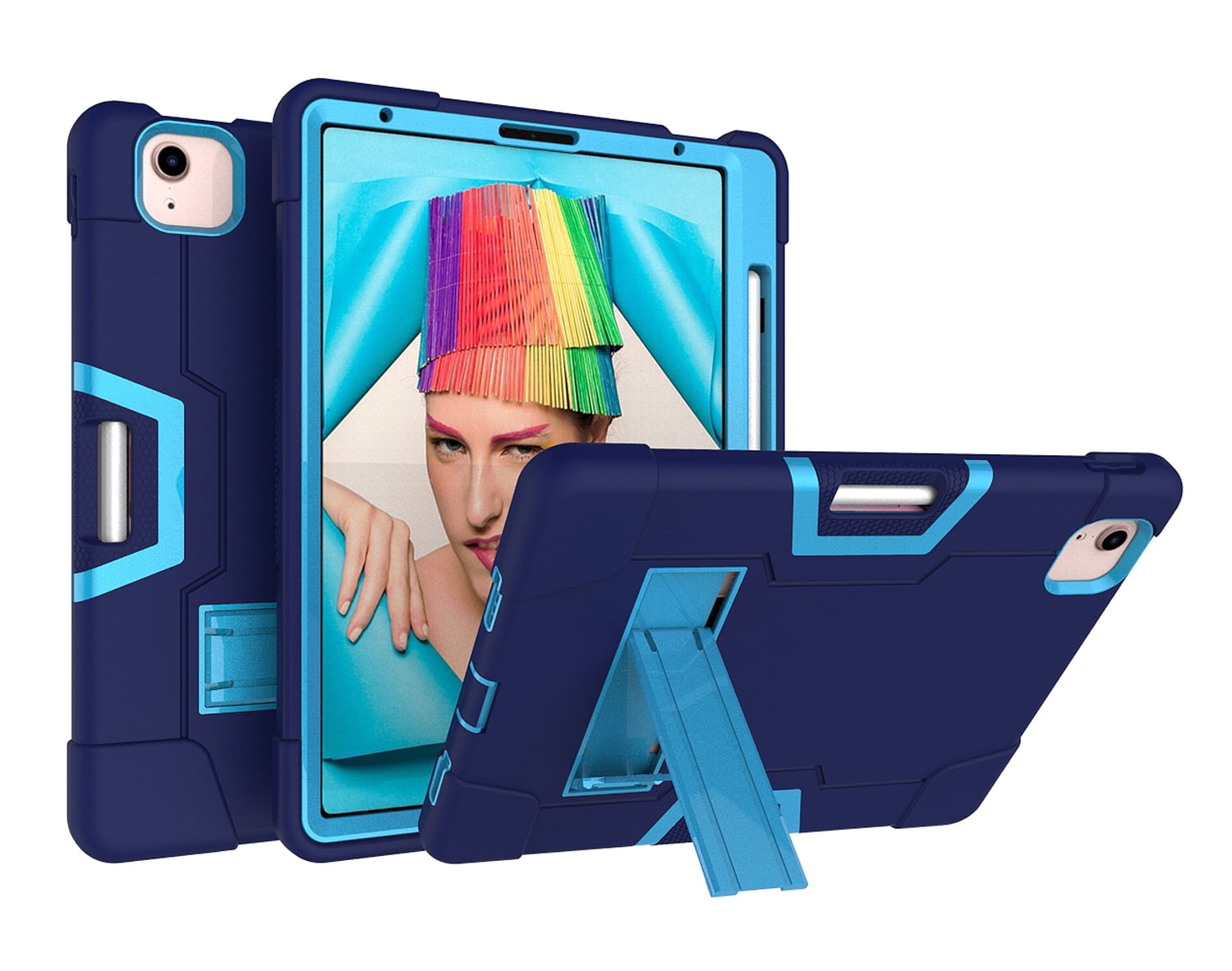 Allytech iPad Air 5 Case 2022, iPad Air 4 Case 2020, Heavy Duty Protection Shockproof Build In Kickstand Pencil Holder Kids Friendly Case for Apple iPad Air 5th 4th Generation, BlackNavyblue/Blue