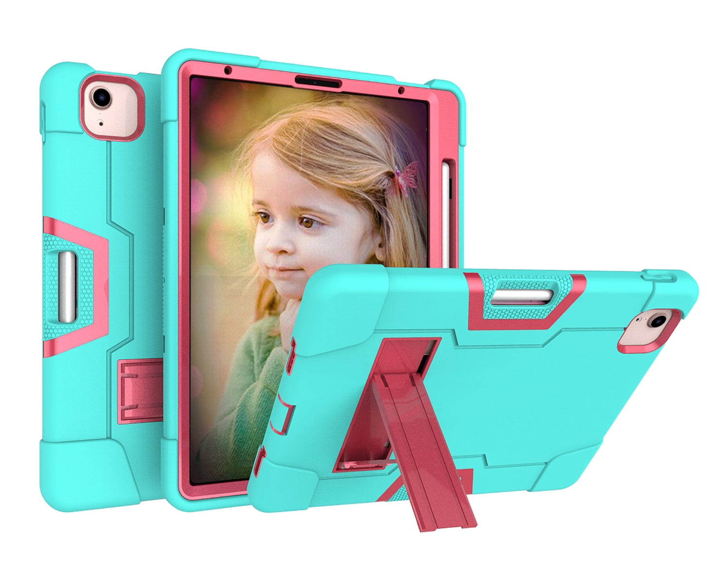 Allytech iPad Air 5 Case 2022, iPad Air 4 Case 2020, Heavy Duty Protection Shockproof Build In Kickstand Pencil Holder Kids Friendly Case for Apple iPad Air 5th 4th Generation, BlackAqua/Rose
