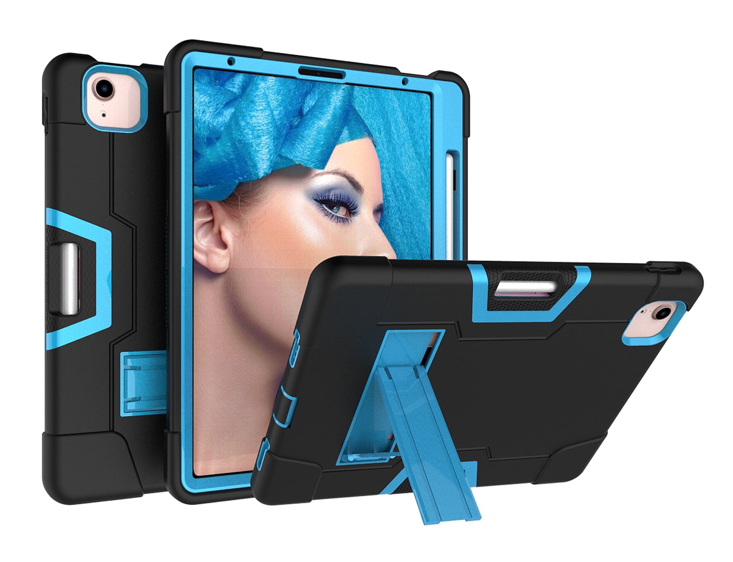 Allytech iPad Air 5 Case 2022, iPad Air 4 Case 2020, Heavy Duty Protection Shockproof Build In Kickstand Pencil Holder Kids Friendly Case for Apple iPad Air 5th 4th Generation, BlackBlack/Blue