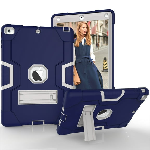 Allytech iPad Air Case, iPad A1474/A1475/A1476 Kids Proof Case,Three Layer Heavy Duty Shockproof Armor Defender Protective Case Cover with Kickstand for Apple iPad Air 1st 2013 (Navyblue/Grey)