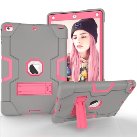 Allytech iPad Air Case, iPad A1474/A1475/A1476 Kids Proof Case,Three Layer Heavy Duty Shockproof Armor Defender Protective Case Cover with Kickstand for Apple iPad Air 1st 2013 (Grey/Rosegold)