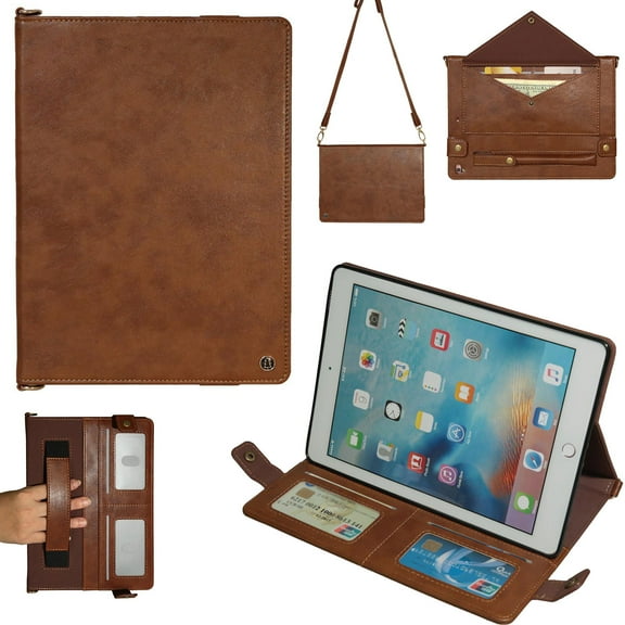Allytech iPad Mini 5 Case 2019, iPad mini 4 /mini 3/ mini 2/ mini 1 Case, PU Leather Kickstand Smart Sleeves Auto Sleep Wake Detachable Shoulder Strap Cover with Cards Pocket & Hand Strap, Coffee