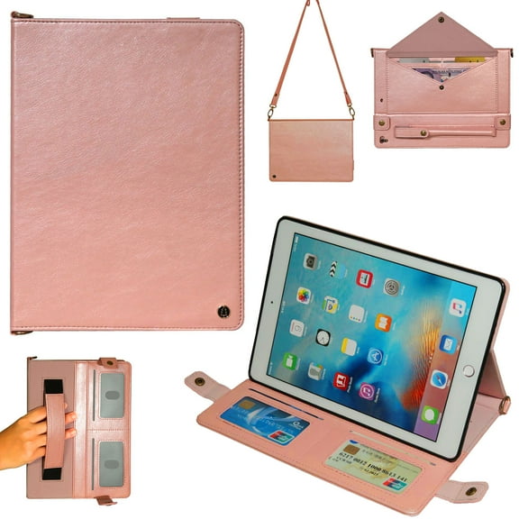 Allytech iPad Mini 5 Case 2019, iPad mini 4 /mini 3/ mini 2/ mini 1 Case, PU Leather Kickstand Smart Sleeves Auto Sleep Wake Detachable Shoulder Strap Cover with Cards Pocket & Hand Strap, Rosegold