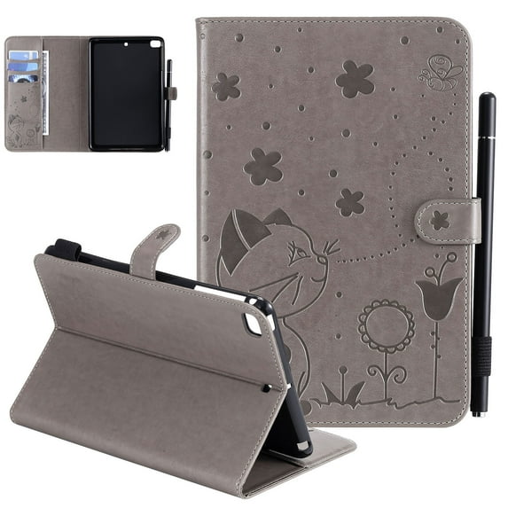 Allytech iPad Mini 5 Case, iPad Mini 4 Case, iPad Mini 1 2 3 Case, PU Leather Folio Flip Smart Cover Auto Sleep Wake Shockproof Pencil Holder Case for Apple iPad Mini 1 2 3 4 5, Gray