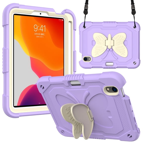 Allytech iPad Mini 6th Gen Case 2021, Cover for iPad Mini 6 8.3", Built-in Pencil Holder Kidsproof Sturdy Stand Shoulder Strap Non-Slip Linging Silicone Anti-Scratch Butterfly Case, Purple + Beige
