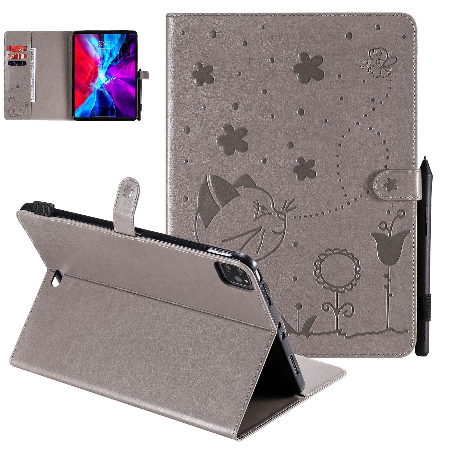 Allytech iPad Pro 11 Case 2020 /2018, PU Leather Smart Cover Auto Sleep Wake Folio Flip Shockproof Pencil Holder Full Protection TPU Back Cover for Apple iPad Pro 11 1st / 2nd Generation, Gray