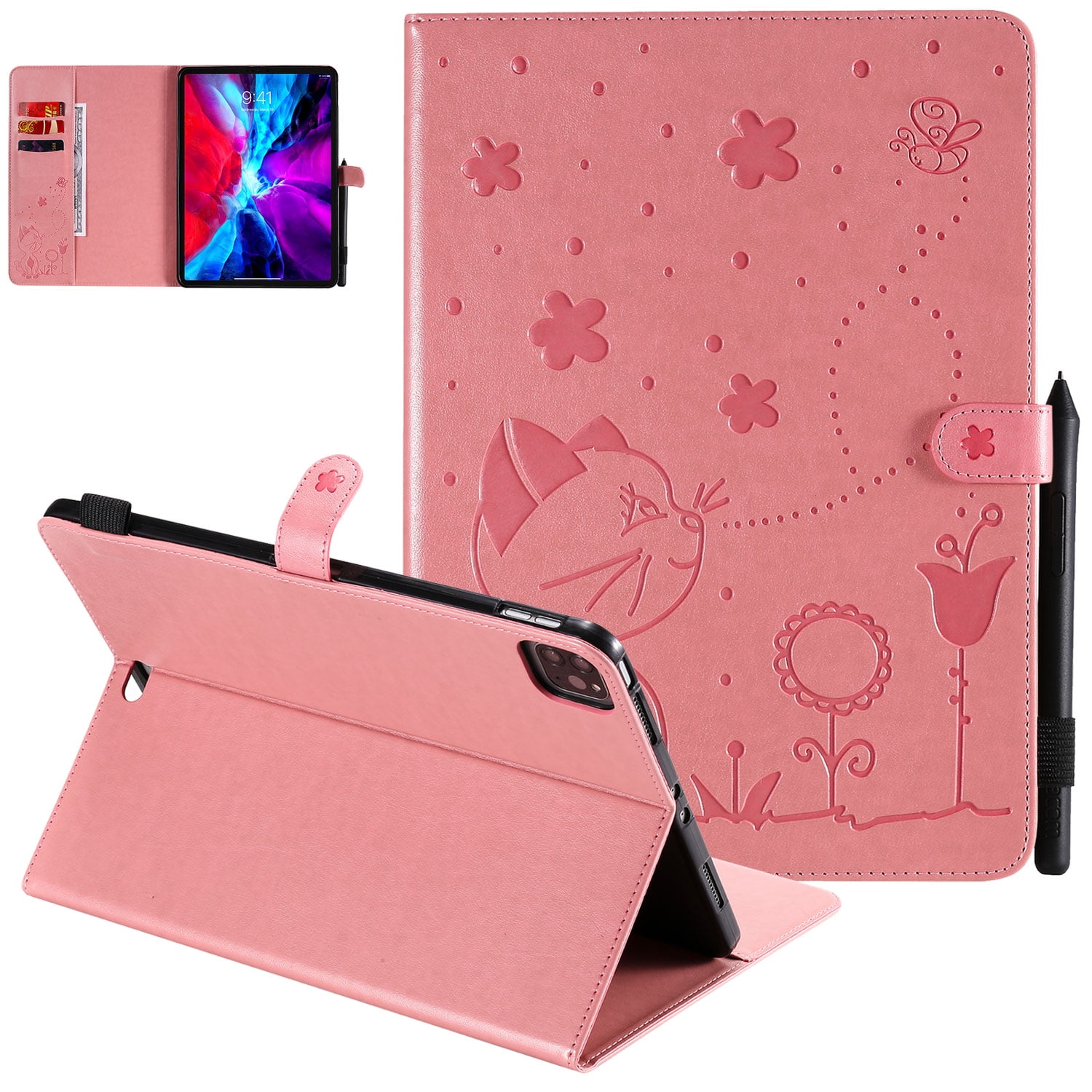 Allytech iPad Pro 11 Case 2020 /2018, PU Leather Smart Cover Auto Sleep Wake Folio Flip Shockproof Pencil Holder Full Protection TPU Back Cover for Apple iPad Pro 11 1st / 2nd Generation, Pink