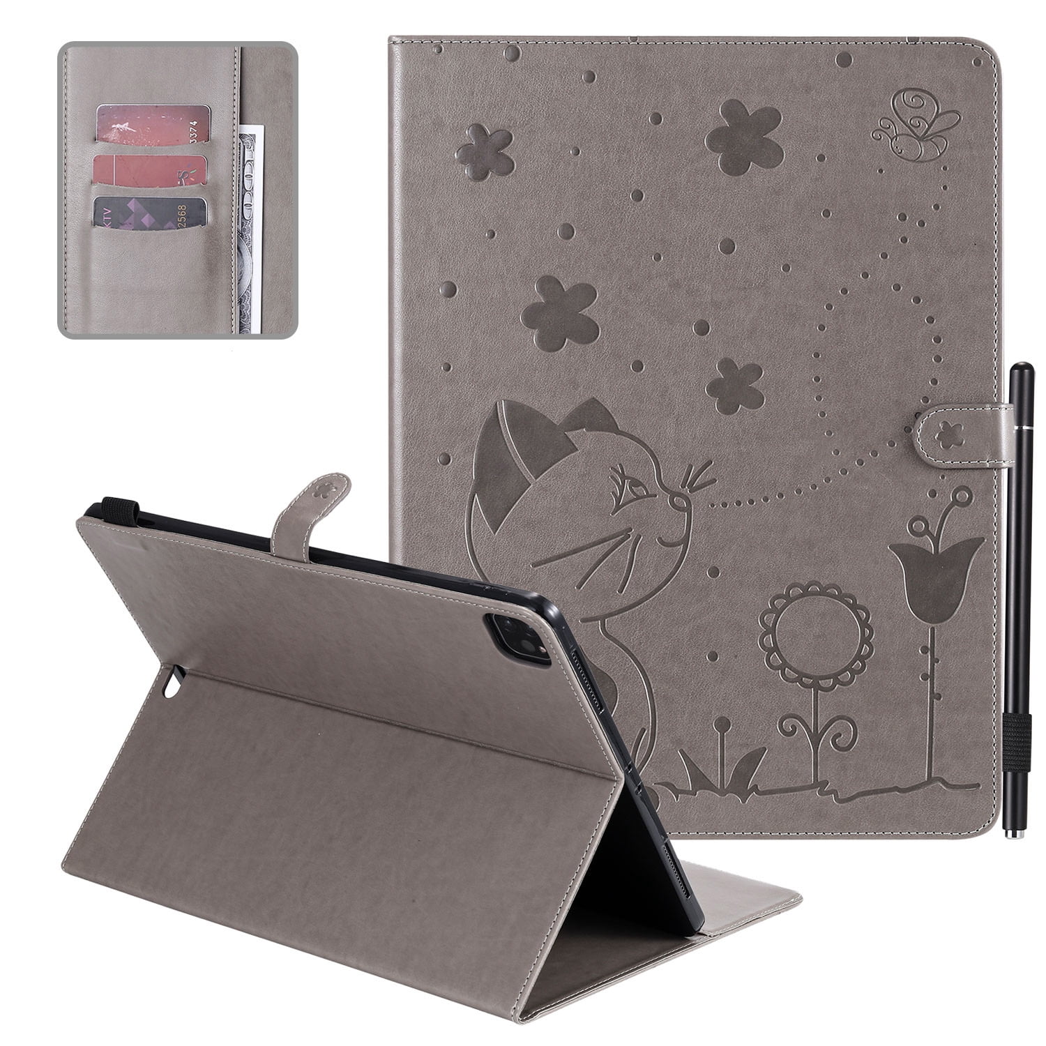 Allytech iPad Pro 12.9 Case 2020, iPad Pro 12.9 Case 2018, PU Leather Folio Flip Stand Shockproof Full Protection Pencil Holder TPU Back Cover Case for Apple iPad 12.9 2020/2018, Gray