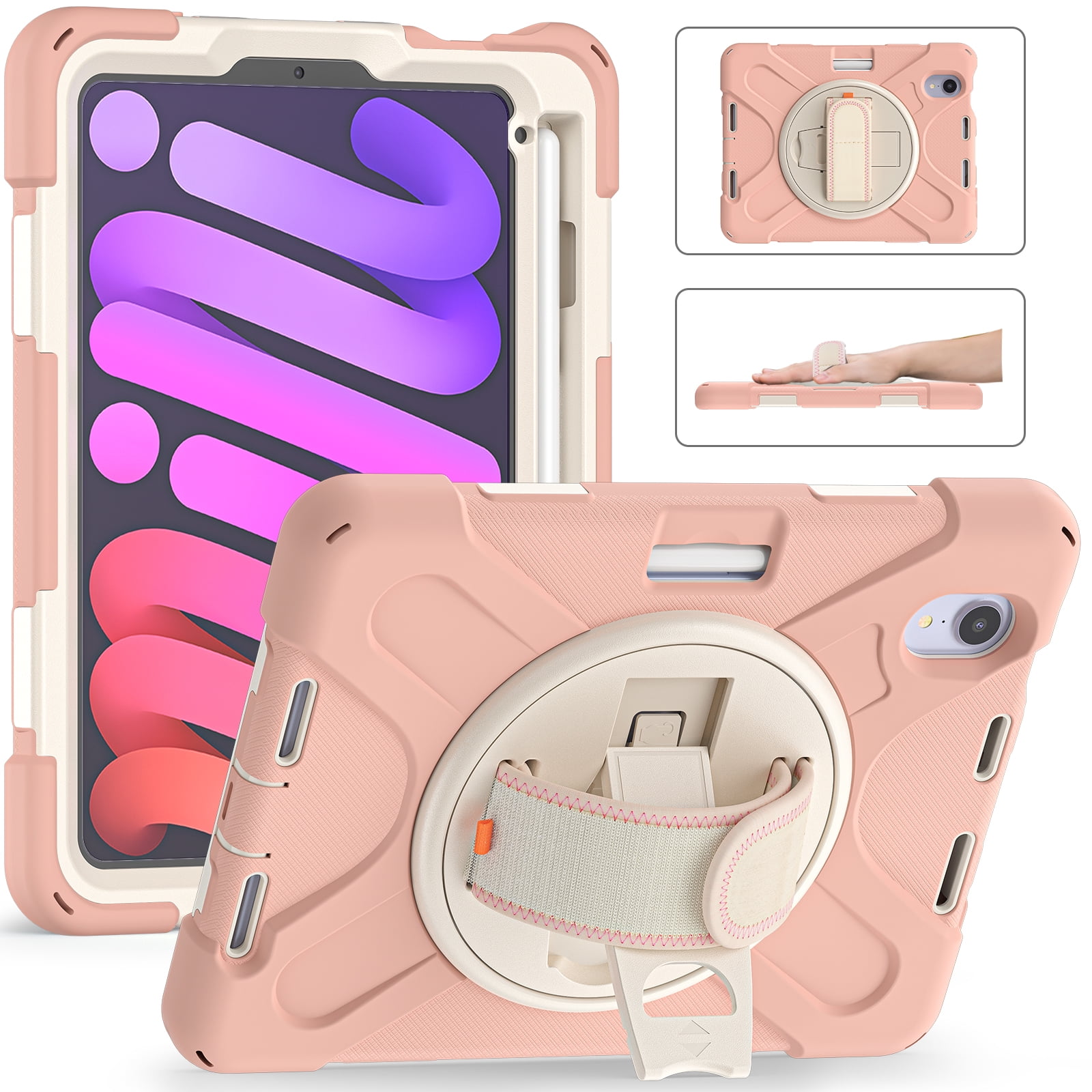 Allytech iPad mini 6 Case 8.3-inch 2021, Military Grade Shockproof Anti-scratch Build-in Pencil Holder Kickstand Hand Strap Protective Case Cover for Apple iPad mini 6th Generation, Pink