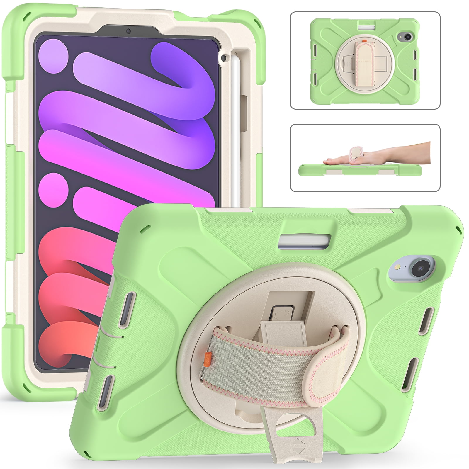 Allytech iPad mini 6 Case 8.3-inch 2021, Military Grade Shockproof Anti-scratch Build-in Pencil Holder Kickstand Hand Strap Protective Case Cover for Apple iPad mini 6th Generation, Matchagreen