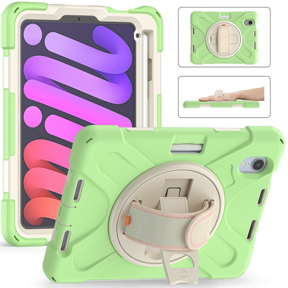 Allytech iPad mini 6 Case 8.3-inch 2021, Military Grade Shockproof Anti-scratch Build-in Pencil Holder Kickstand Hand Strap Protective Case Cover for Apple iPad mini 6th Generation, Matchagreen