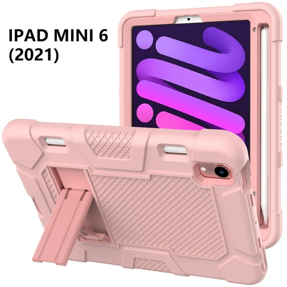 Allytech iPad mini 6 Case with Pencil Holder, Heavy Duty Protection Shockproof Kickstand Kids Friendly Rugged Hybrid Hard PC Back Cover Case for Apple iPad mini 6 2021, Rosegold