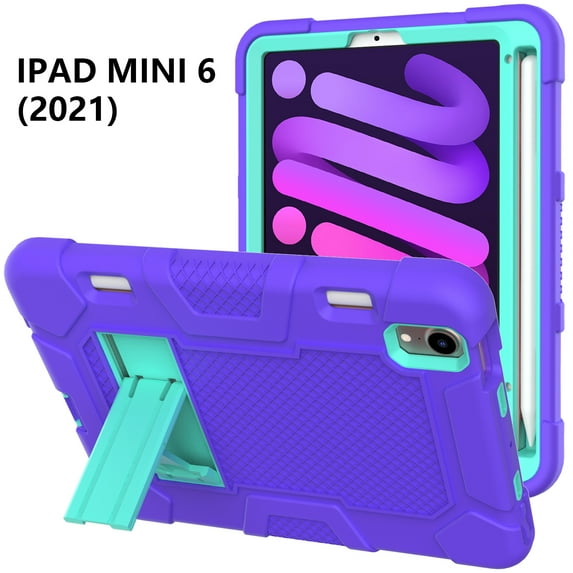 Allytech iPad mini 6 Case with Pencil Holder, Heavy Duty Protection Shockproof Kickstand Kids Friendly Rugged Hybrid Hard PC Back Cover Case for Apple iPad mini 6 2021, Purple