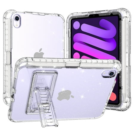 Allytech iPad mini 6 7 Case with Screen Protector,Full Body Protection Rugged Build-in Kickstand Shockproof Clear Transparent Anti-yellow Pencil Holder Back Cover Shell for Apple iPad Mini 6 8.3-Inch