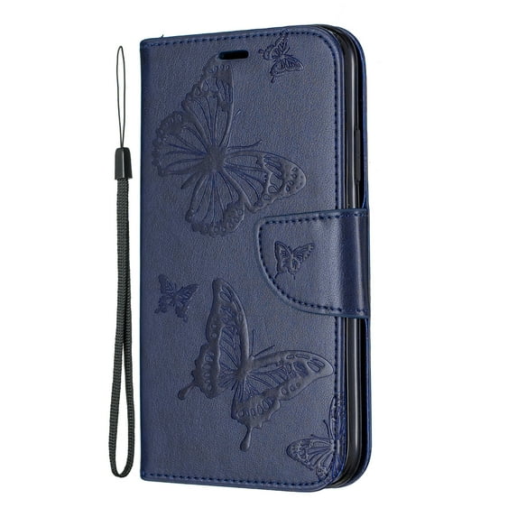 Allytech iPhone 11 Case (6.1"), Slim Fit PU Leather Folio Butterfly Embossed Shockproof Wrist Hand Strap Flip Cards Holder Wallet Case TPU Back Cover for Apple iPhone 11, Blue