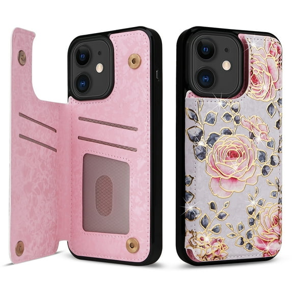 Allytech iPhone 11 Case with Card Holder, Stylish Flower with Glitter Bling Rhinestone Stand Shockproof Slim Fit Bumper Wallet Case for Apple iPhone 11 - Flower