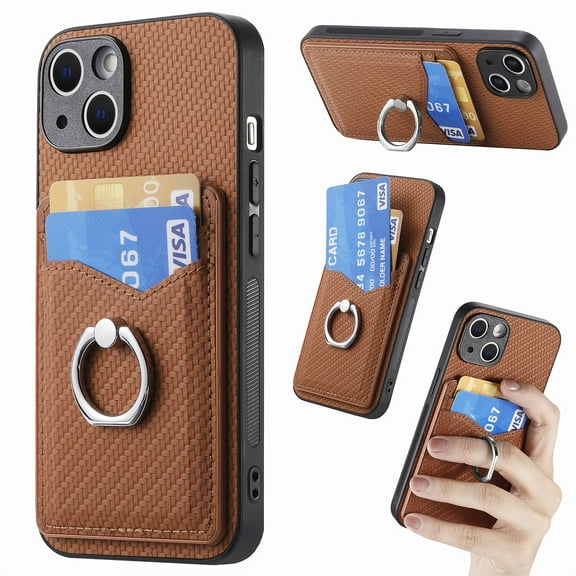 Allytech iPhone 11 Case with Ring Holder Kickstand, Weave Texture Slim Fit Wallet Case with Cards Holder Shockproof Bumper Phone Case Cover for Apple iPhone 11 - Brown
