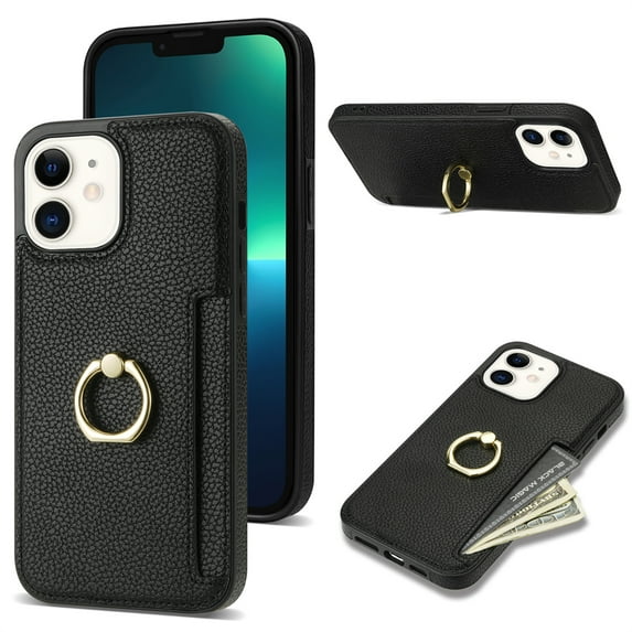 Allytech iPhone 11 Case with Ring Holder, Slim Fit Cards Holder Cash Pocket Protective PU Leather TPU Shell Phone Case for Apple iPhone 11 - Black