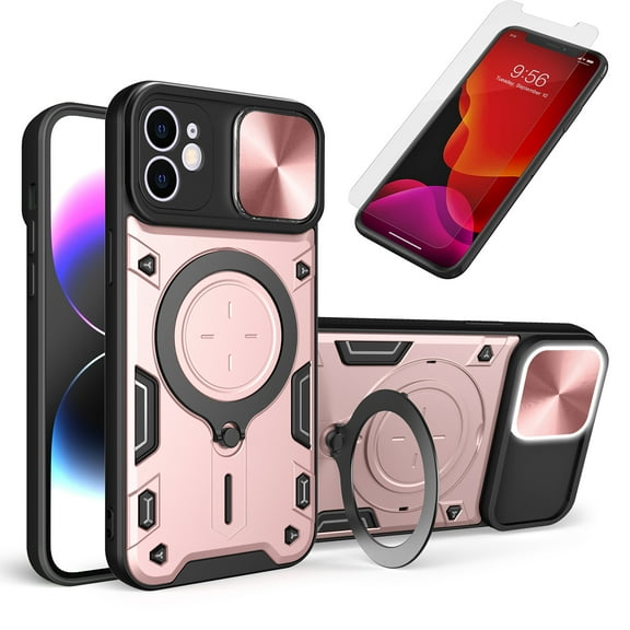 Allytech iPhone 11 Mangetic Case + 1 Pcs Tempered Glass Screen Protector, Compatible Magsafe Car Mount Ring Kickstand Holder Shockproof Case for Apple iPhone 11 6.1" - Pink