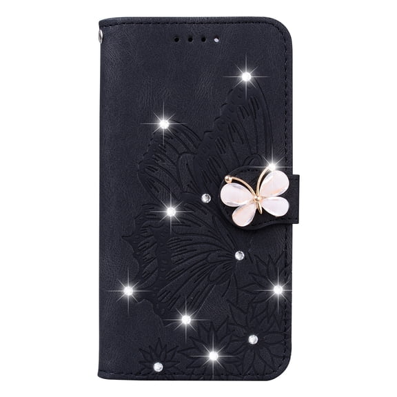 Allytech iPhone 11 Pro Case(5.8 inch 2019), Glitter Shiny Butterfly Rhinestone PU Leather Wrist Strap Flip Kickstand Carrying Case with Magnetic Closure for Apple iPhone 11 Pro 2019, Black