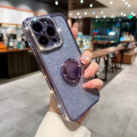 Allytech iPhone 11 Pro Case for Girls Women, with Ring Holder Stand Glitter Bling Rhinestone Design Clear Back Shell Slim Fit Shockproof Case Cover for Apple iPhone 11 Pro - Purple