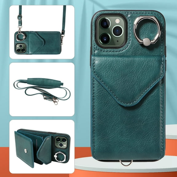 Allytech iPhone 11 Pro Case with Ring Holder & Shoulder Strap, Retro PU Leather Cards Slots Kickstand Detachable Lanyard Shockproof Wallet Case Cover for Apple iPhone 11 Pro - Green