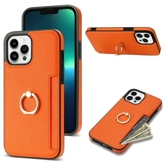 Allytech iPhone 11 Pro Case with Ring Holder, Slim Fit Cards Holder Cash Pocket Protective PU Leather TPU Shell Wallet Phone Case for Apple iPhone 11 Pro - Orange