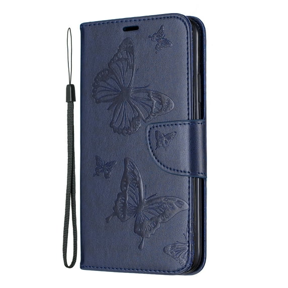 Allytech iPhone 11 Pro Max Case (6.5"), Slim Fit PU Leather Folio Butterfly Embossed Shockproof Wrist Hand Strap Flip Cards Holder Wallet Case TPU Back Cover for Apple iPhone 11 Pro Max, Blue
