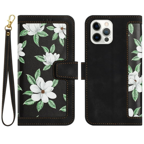Allytech iPhone 11 Pro Wallet Case, Chic Flower Pattern PU Leather Shoulder Strap Hand Wrist Cards Holder Stand Protective Flip Folio Cover for Girls Women Phone Case for Apple iPhone 11 Pro - Black
