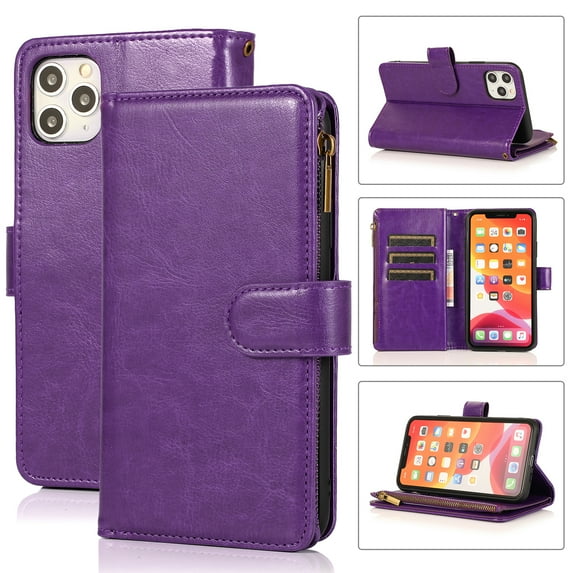 Allytech iPhone 11 Wallet Case, 9 Cards Holder Zipper Wallet Case for Women Men Shockproof Hand Strap Full Protective Flip Stand Case Cover for Apple iPhone 11 6.1" -
