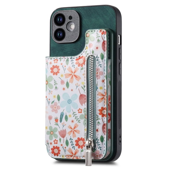 Allytech iPhone 11 Wallet Case with Zipper Pocket & Cards Holder, Floral Pattern PU Leather Back Cover for Girls Women Shockproof Stand Magnetic Phone Case for Apple iPhone 11 - Green
