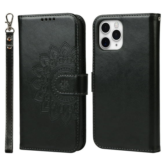 Allytech iPhone 11 pro case, mandala Embossed Wallet Card Cash Slots PU Premium Leather Magnetic Flip Kickstand Shockproof Ultra-Slim Cover for iPhone 11 pro 5.8 inch,,Black