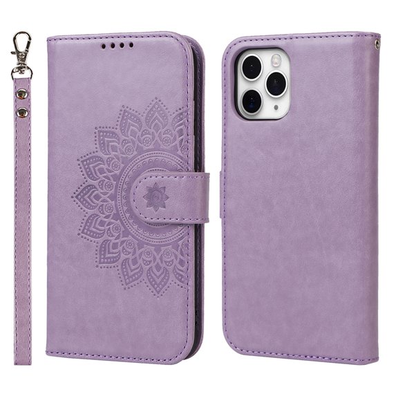 Allytech iPhone 11 pro case, mandala Embossed Wallet Card Cash Slots PU Premium Leather Magnetic Flip Kickstand Shockproof Ultra-Slim Cover for iPhone 11 pro 5.8 inch,Purple
