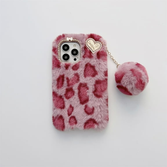 Allytech for iPhone 12/12 Pro Case Leopard Print Fur with Cute Ball, Plush Fluffy Fuzzy Fashion Furry Soft Case Warm Luxury Women Girly Case for iPhone 12/iPhone 12 Pro 6.1" 2020, Red