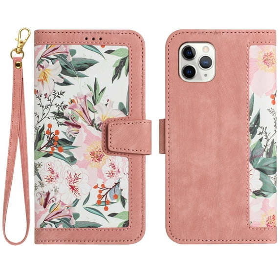 Allytech iPhone 12 Case Wallet, iPhone 12 Pro Wallet Case, Chic Flower Pattern Shoulder Strap Hand Wrist PU Leather Cards Holder Stand Protective Flip Folio Cover for Girls - Pink
