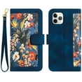 thumbnail image 1 of Allytech iPhone 12 Case Wallet, iPhone 12 Pro Wallet Case, Chic Flower Pattern Shoulder Strap Hand Wrist PU Leather Cards Holder Stand Protective Flip Folio Cover for Girls - Darkblue, 1 of 14