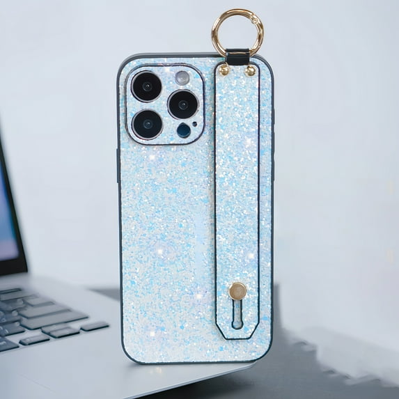Allytech iPhone 12 Case with Wristband & Ring Holder, Bling Glitter Design TPU Back Cover for Girls Women Stand Feature Shockproof Anti-Scratch Phone Case for Apple iPhone 12 - Skyblue