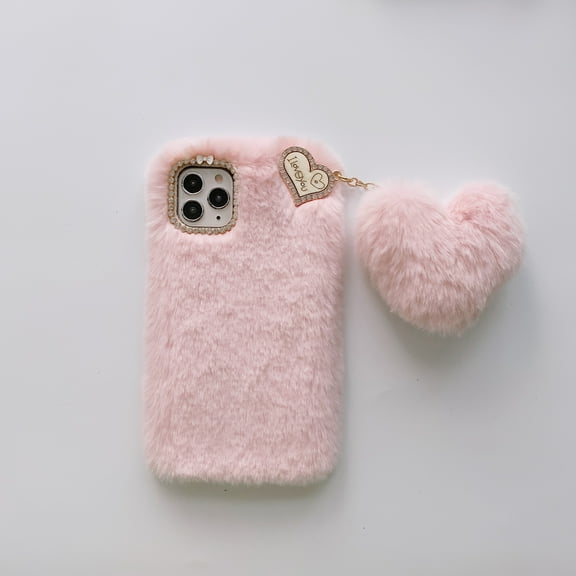 Allytech iPhone 12 Case, iPhone 12 Pro Case, Cute Girly Soft Warm Faux Fur with Heart Ball Protective Shockproof Case for Girls Women Cover for Apple iPhone 12 Pro/ iPhone 12, Pink