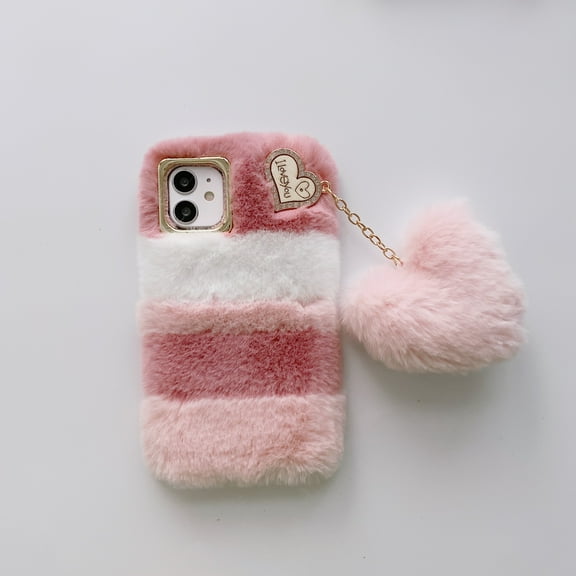 Allytech iPhone 12 Case, iPhone 12 Pro Case, Cute Girly Soft Warm Faux Fur with Heart Ball Protective Shockproof Case for Girls Women Cover for Apple iPhone 12 Pro/ iPhone 12, Rose