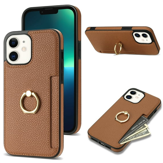 Allytech iPhone 12 Case, iPhone 12 Pro Case with Ring Holder, Premium PU Leather Cards Holder Kickstand Slim Fit Shell Shockproof Drop Protection Wallet Case Cover for Apple iPhone 12/ 12 Pro-Brown