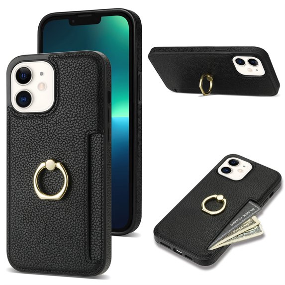 Allytech iPhone 12 Case, iPhone 12 Pro Case with Ring Holder, Premium PU Leather Cards Holder Kickstand Slim Fit Shell Shockproof Drop Protection Wallet Case Cover for Apple iPhone 12/ 12 Pro-Black